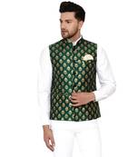 Green Banarasi Brasso Work Nehru Jacket
