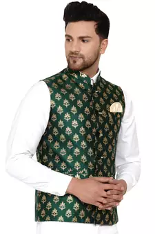 Green Banarasi Brasso Work Nehru Jacket