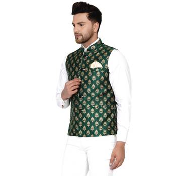 Green Banarasi Brasso Work Nehru Jacket 3