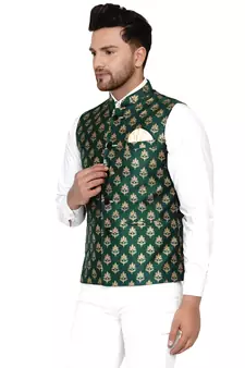 Green Banarasi Brasso Work Nehru Jacket