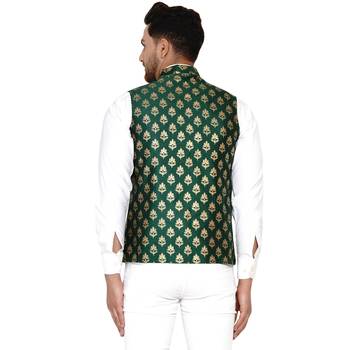 Green Banarasi Brasso Work Nehru Jacket 4