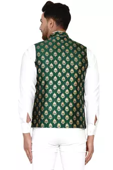 Green Banarasi Brasso Work Nehru Jacket