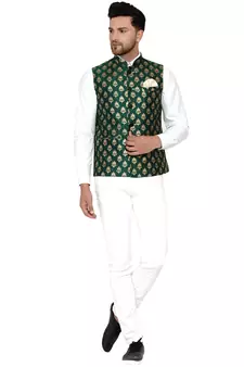 Green Banarasi Brasso Work Nehru Jacket