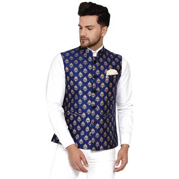 Blue Brasso Rajasthani Traditional Sleeveless Nehru Jacket - Stitched 1