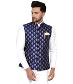 Blue Brasso Rajasthani Traditional Sleeveless Nehru Jacket - Stitched
