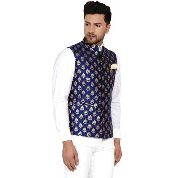 Blue Brasso Rajasthani Traditional Sleeveless Nehru Jacket - Stitched 2