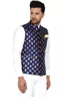 Blue Brasso Rajasthani Traditional Sleeveless Nehru Jacket - Stitched