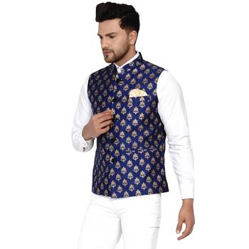 Blue Brasso Rajasthani Traditional Sleeveless Nehru Jacket - Stitched 3