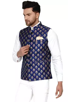 Blue Brasso Rajasthani Traditional Sleeveless Nehru Jacket - Stitched