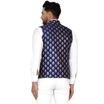 Blue Brasso Rajasthani Traditional Sleeveless Nehru Jacket - Stitched 4