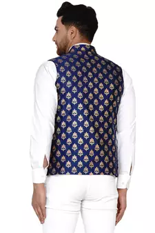 Blue Brasso Rajasthani Traditional Sleeveless Nehru Jacket - Stitched