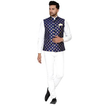 Blue Brasso Rajasthani Traditional Sleeveless Nehru Jacket - Stitched 5