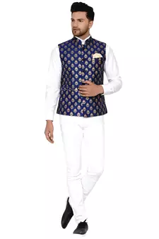 Blue Brasso Rajasthani Traditional Sleeveless Nehru Jacket - Stitched