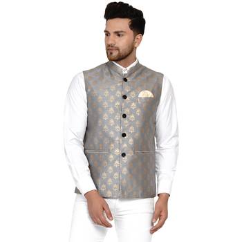 Grey Banarasi Nehru Jacket for Men 1