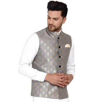 Grey Banarasi Nehru Jacket for Men 2