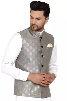 Grey Banarasi Nehru Jacket for Men