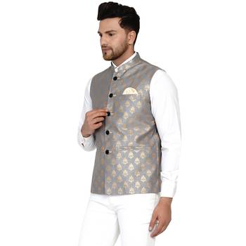 Grey Banarasi Nehru Jacket for Men 3
