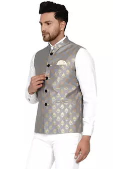 Grey Banarasi Nehru Jacket for Men