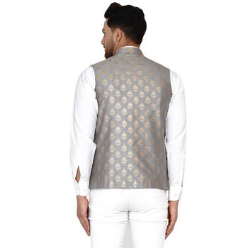 Grey Banarasi Nehru Jacket for Men 4