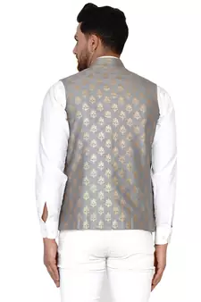 Grey Banarasi Nehru Jacket for Men