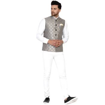 Grey Banarasi Nehru Jacket for Men 5