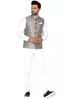 Grey Banarasi Nehru Jacket for Men