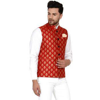 Red brasso banarasi nehru-jacket 2