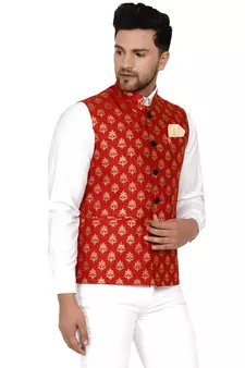 Red brasso banarasi nehru-jacket