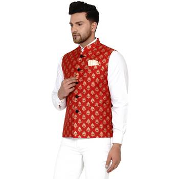 Red brasso banarasi nehru-jacket 3