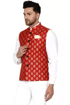 Red brasso banarasi nehru-jacket