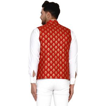 Red brasso banarasi nehru-jacket 4