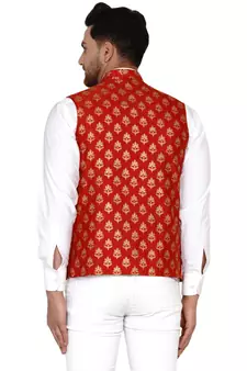 Red brasso banarasi nehru-jacket