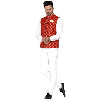 Red brasso banarasi nehru-jacket 5