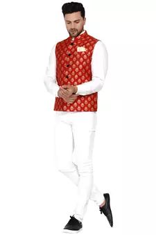 Red brasso banarasi nehru-jacket