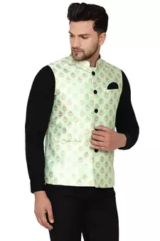Green brasso banarasi nehru-jacket