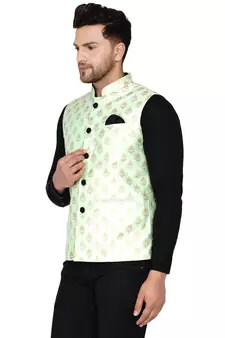 Green brasso banarasi nehru-jacket
