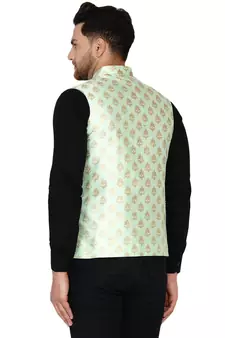 Green brasso banarasi nehru-jacket