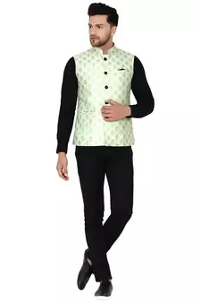 Green brasso banarasi nehru-jacket