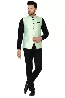 Green brasso banarasi nehru-jacket