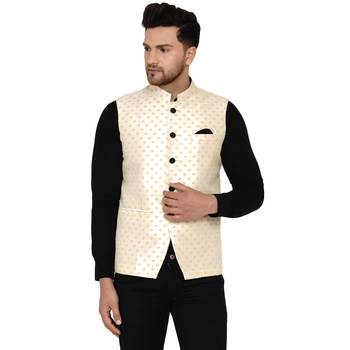 Beige brasso banarasi nehru-jacket 1