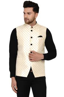 Beige brasso banarasi nehru-jacket