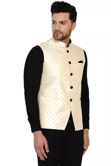 Beige brasso banarasi nehru-jacket