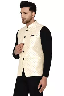 Beige brasso banarasi nehru-jacket