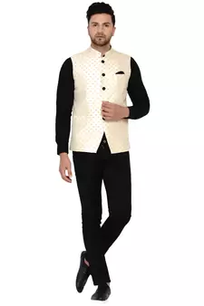 Beige brasso banarasi nehru-jacket