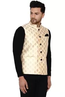 Beige brasso banarasi nehru-jacket