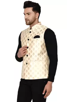 Beige brasso banarasi nehru-jacket