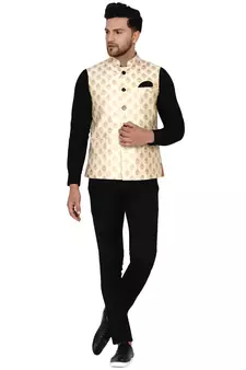 Beige brasso banarasi nehru-jacket