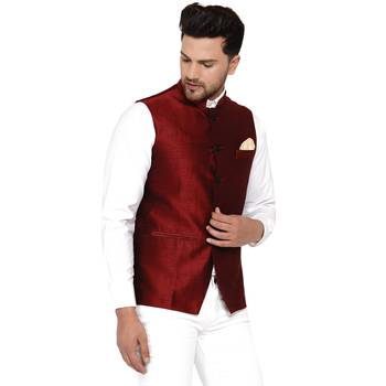 Maroon plain banarasi nehru-jacket 2