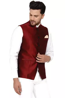 Maroon plain banarasi nehru-jacket