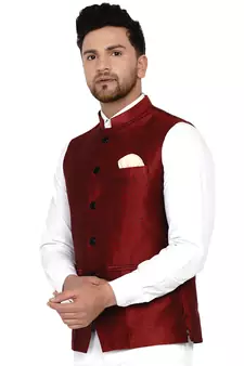 Maroon plain banarasi nehru-jacket